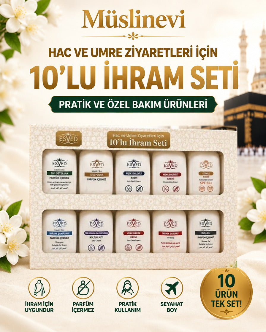 10'lu Kokusuz İhram Bakım Seti kutusu, on ürün bir arada