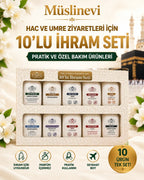 10'lu Kokusuz İhram Bakım Seti kutusu, on ürün bir arada