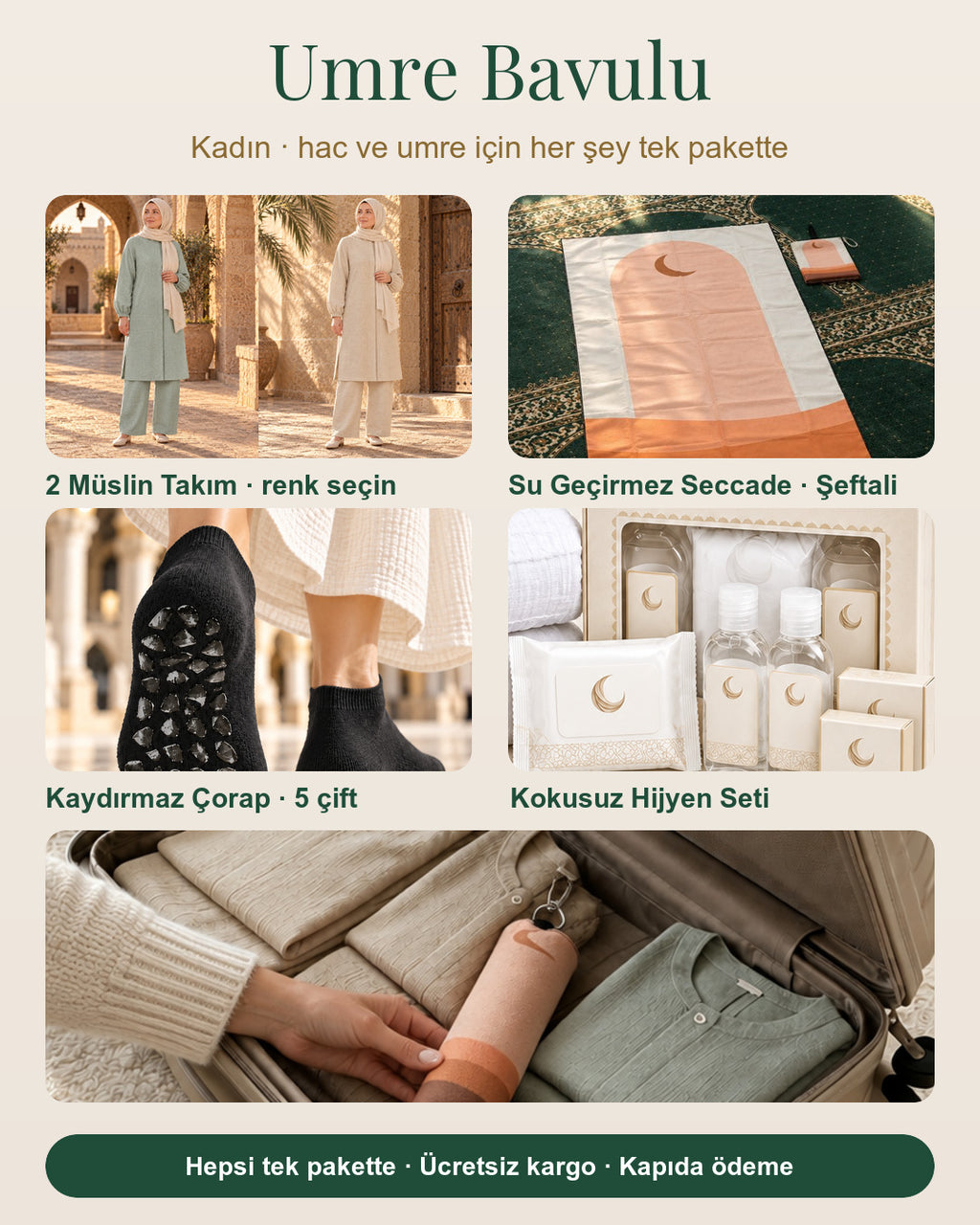 Umre Bavulu kadın paket: 2 müslin kadın takım, şeftali seyahat seccadesi, 5 çift kaydırmaz çorap, kokusuz hijyen seti