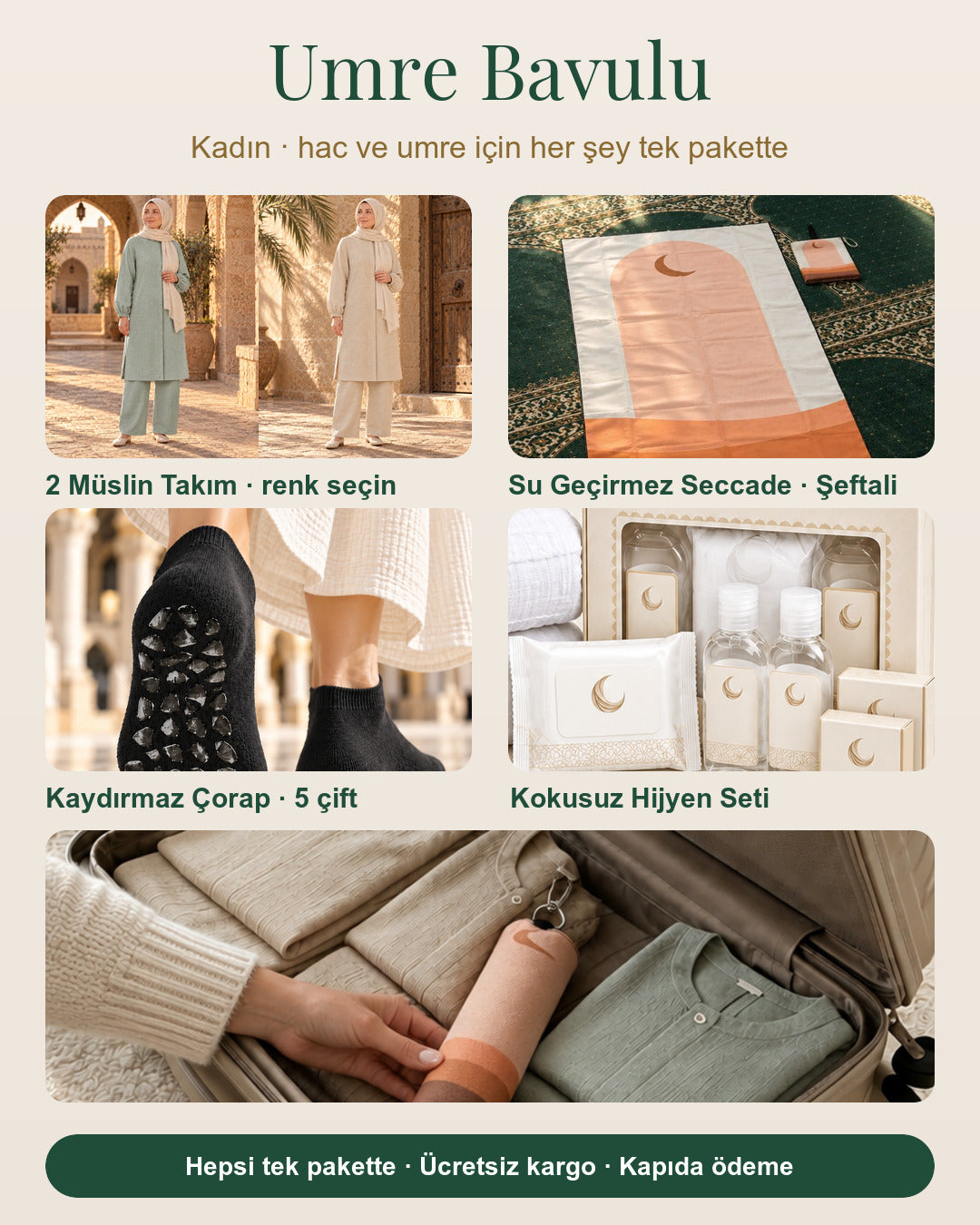Umre Bavulu kadın paket: 2 müslin kadın takım, şeftali seyahat seccadesi, 5 çift kaydırmaz çorap, kokusuz hijyen seti