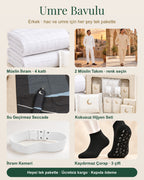 Umre Bavulu erkek paket: müslin ihram, 2 müslin takım, su geçirmez seccade, kokusuz hijyen seti, ihram kemeri, 3 çift kaydırmaz çorap
