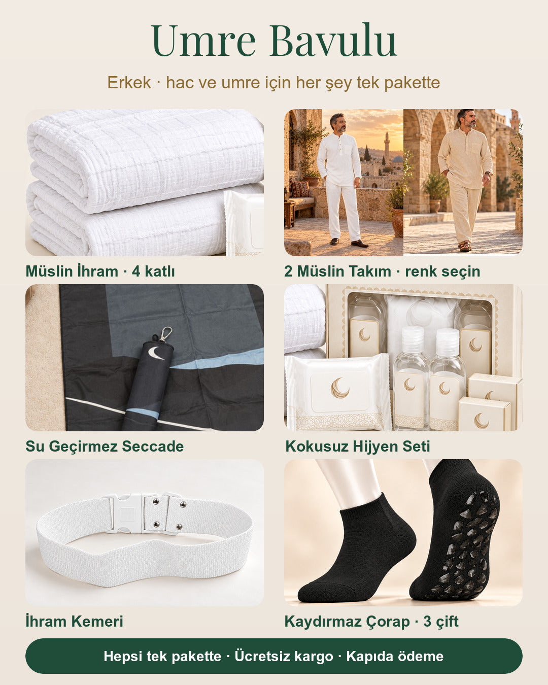 Umre Bavulu erkek paket: müslin ihram, 2 müslin takım, su geçirmez seccade, kokusuz hijyen seti, ihram kemeri, 3 çift kaydırmaz çorap