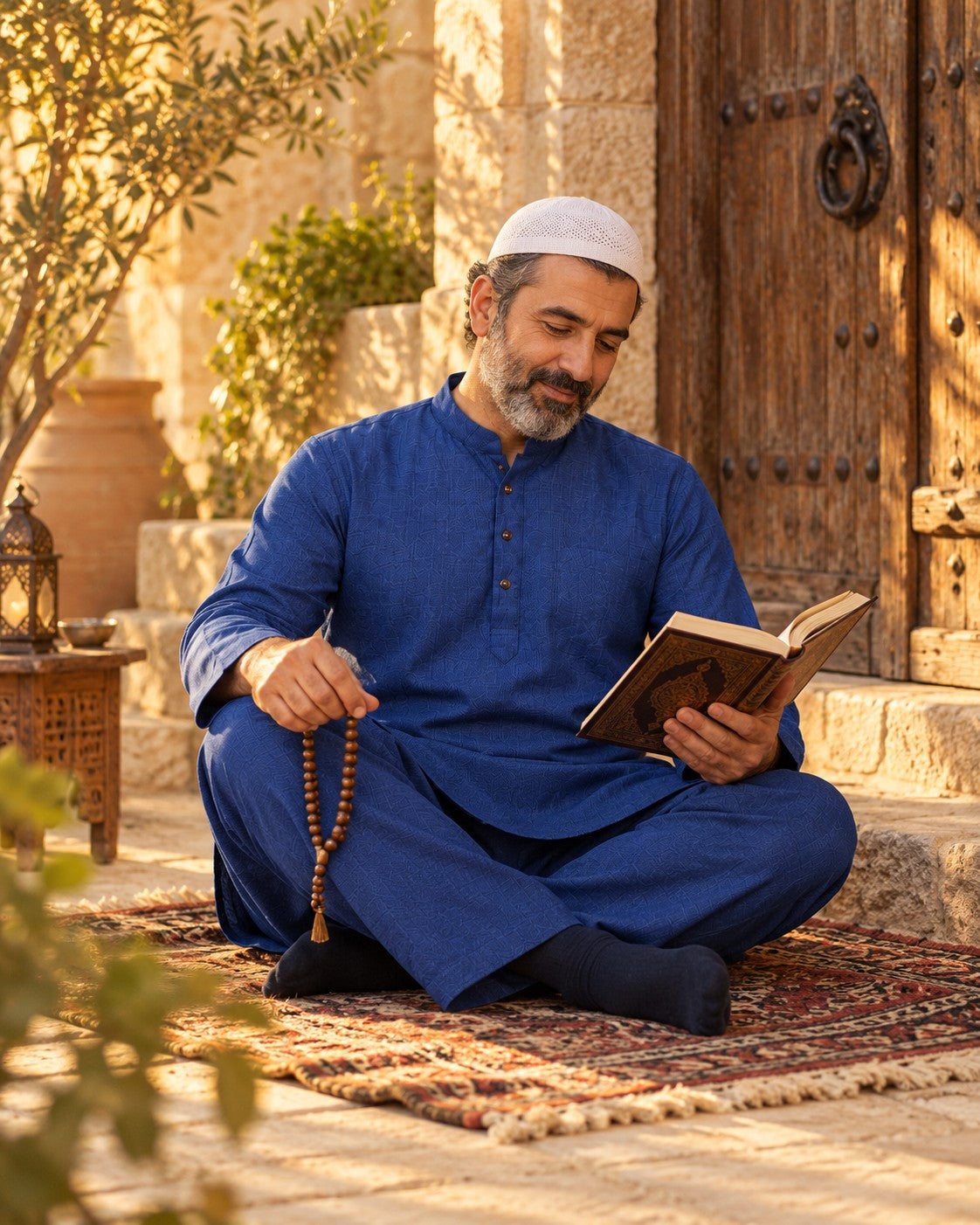 Leyl erkek umre takımı, lacivert – Kur'an okurken