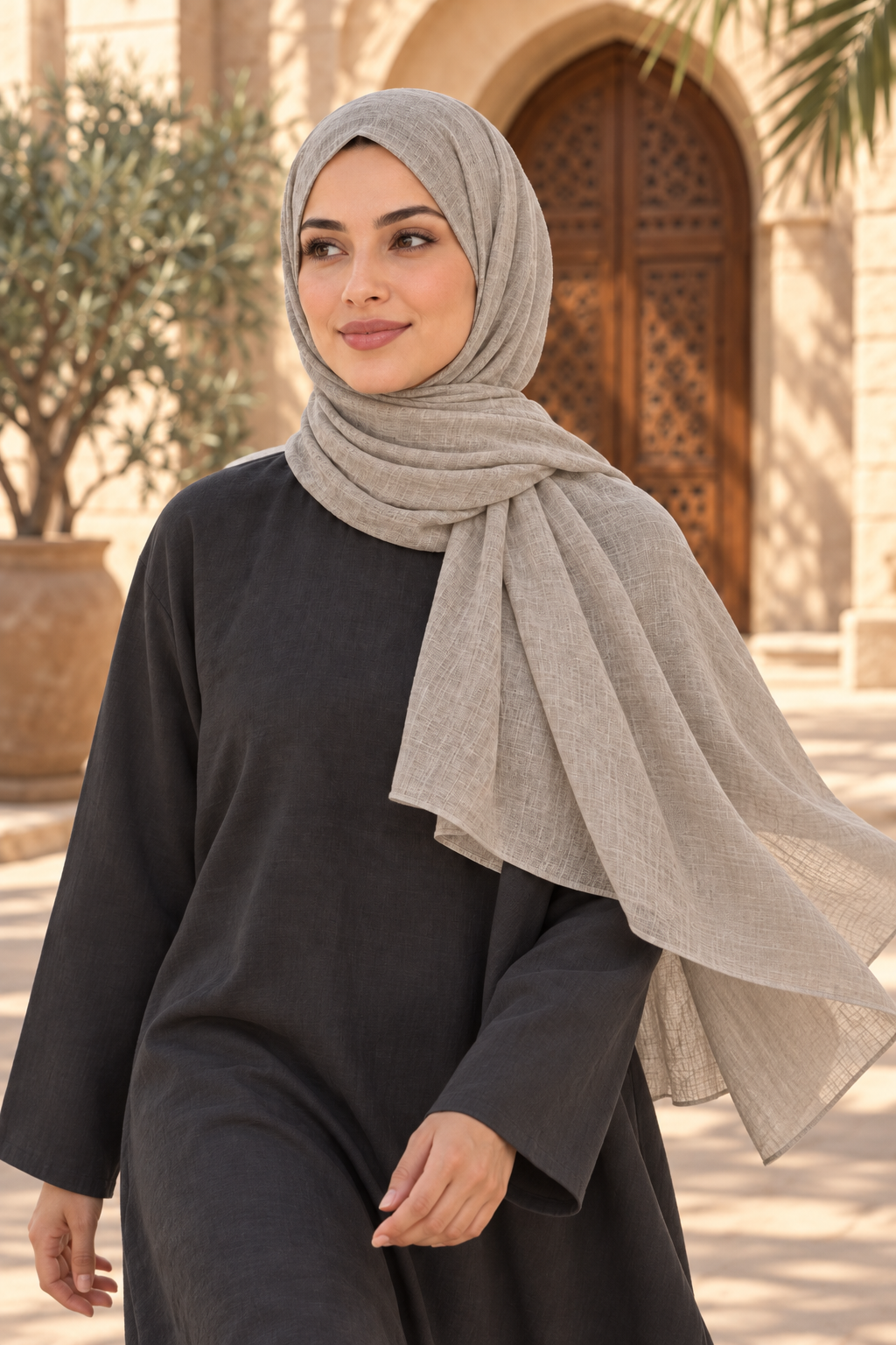 Sehâb müslin şal, gri – yürürken