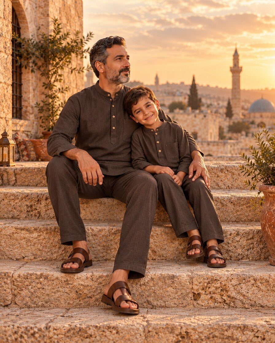 Uhud kahve baba-çocuk kombini, merdivende oturan baba ve oğul