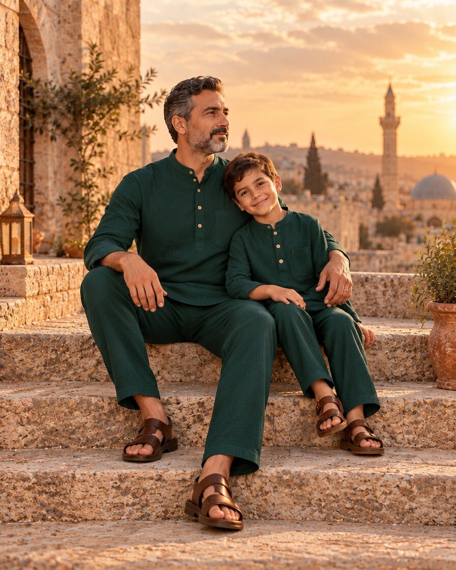 Ravza yeşil baba-çocuk kombini, merdivende oturan baba ve oğul